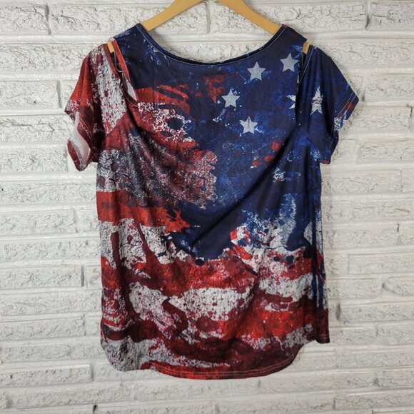 Fourth of July Womens Top XXL Plus Cold Shoulder Patriotic Blue Red A8E - Picture 5 of 8